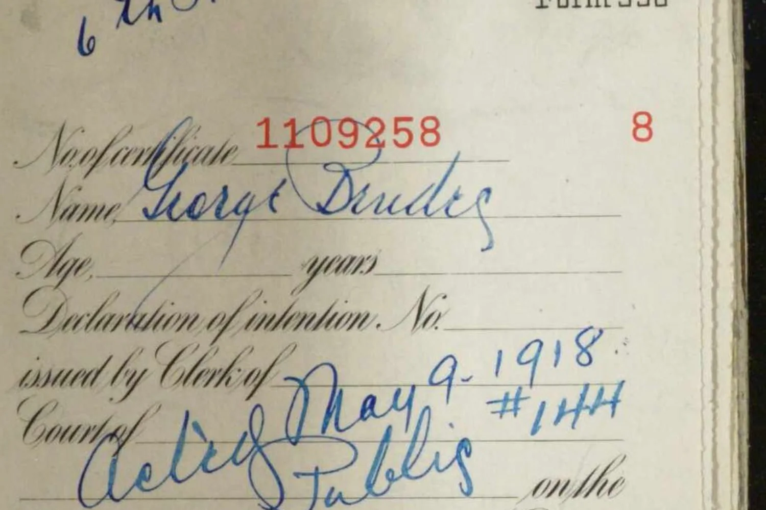 A 1918 United States certificate of naturalization, filled in by hand in copperplate script.